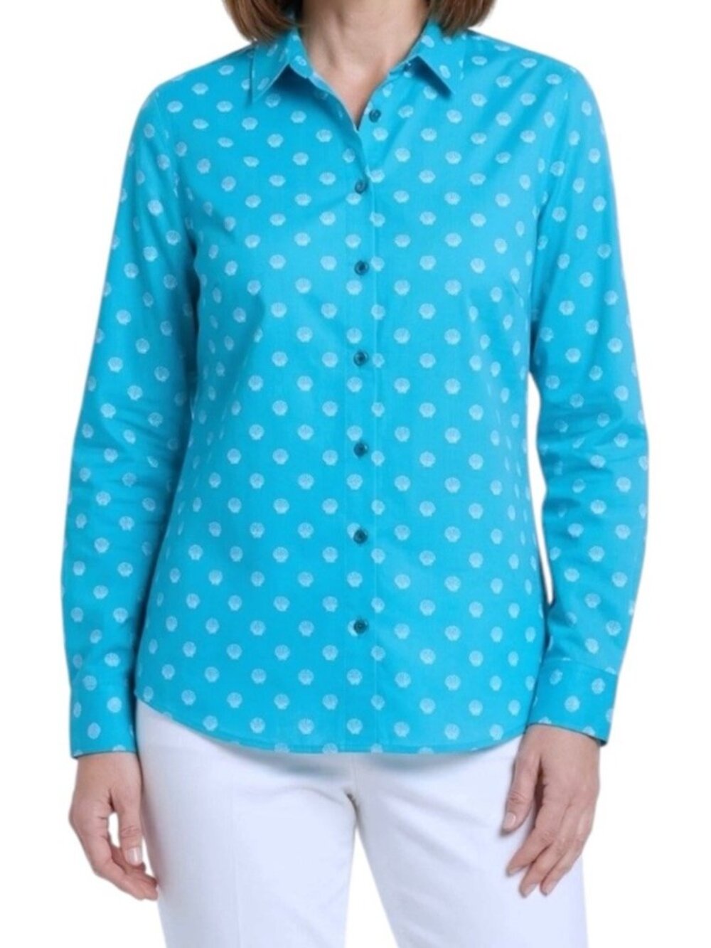 Chico's No Iron Turquoise Shell Print Button Down Beachy Shirt Size Medium 1